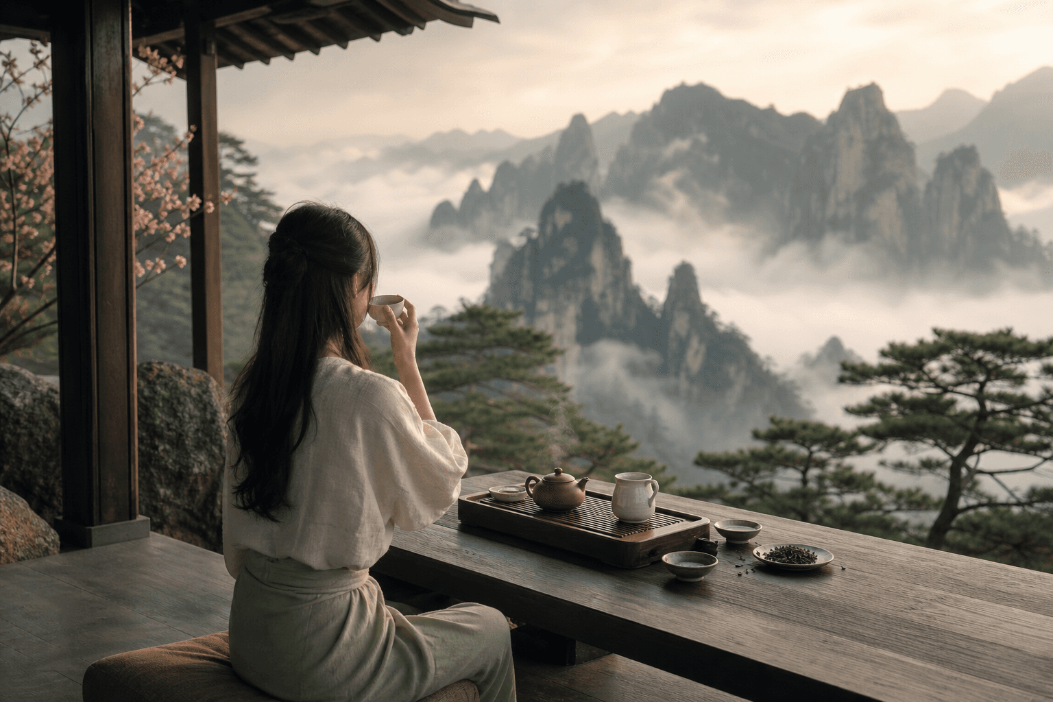 Traditional Chinese ink-and-wash landscape painting of a scholar seated in a mountain pavilion drinking tea, with pine and plum branches, bamboo, and misty karst peaks in the distance
