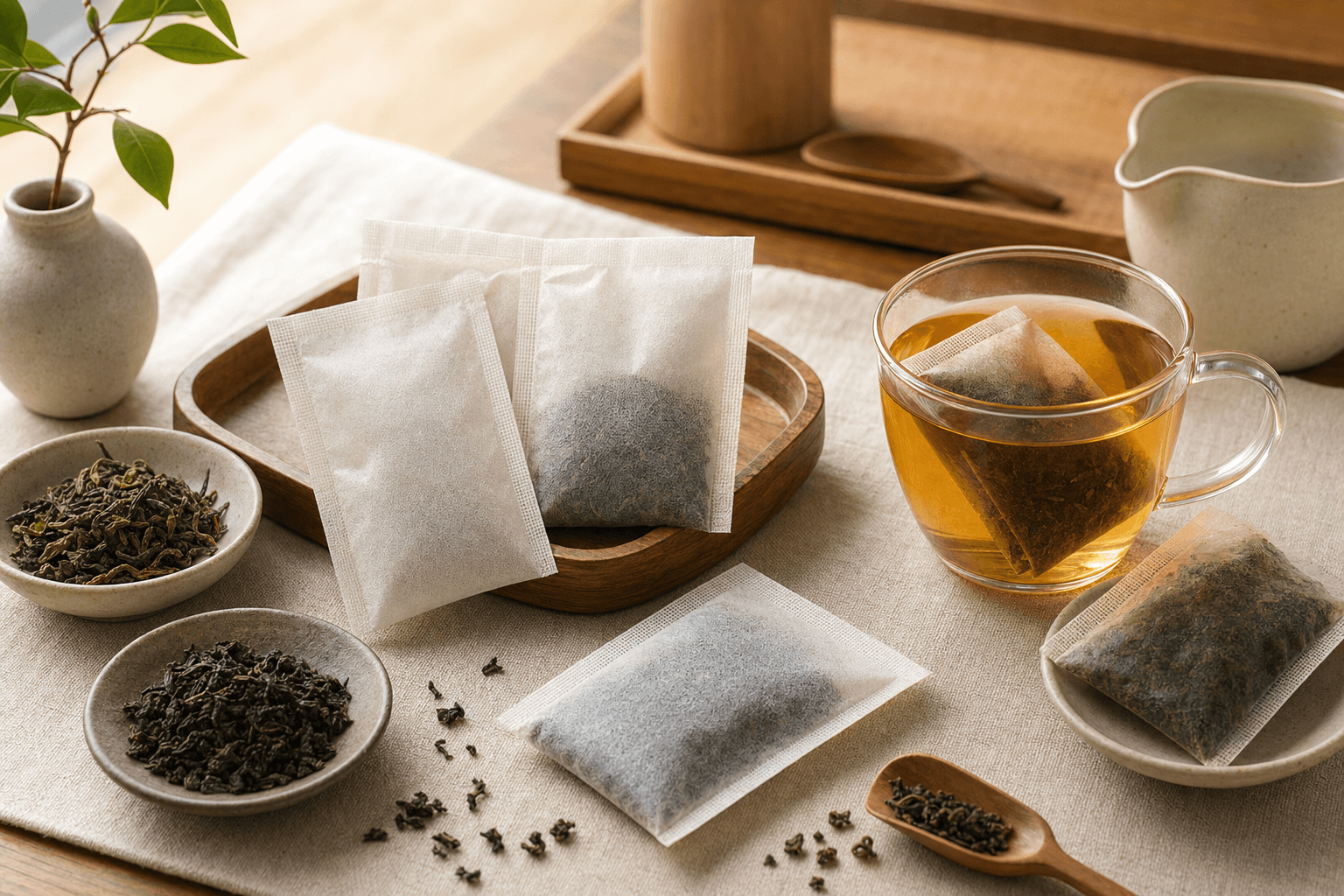 Steep pouches filled with loose leaf tea beside brewed tea and tea leaves
