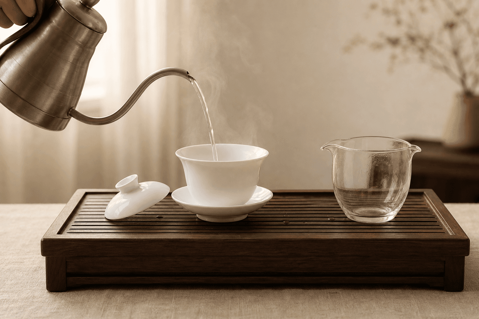 Hot water streaming from a gooseneck kettle into an empty white porcelain gaiwan, steam rising