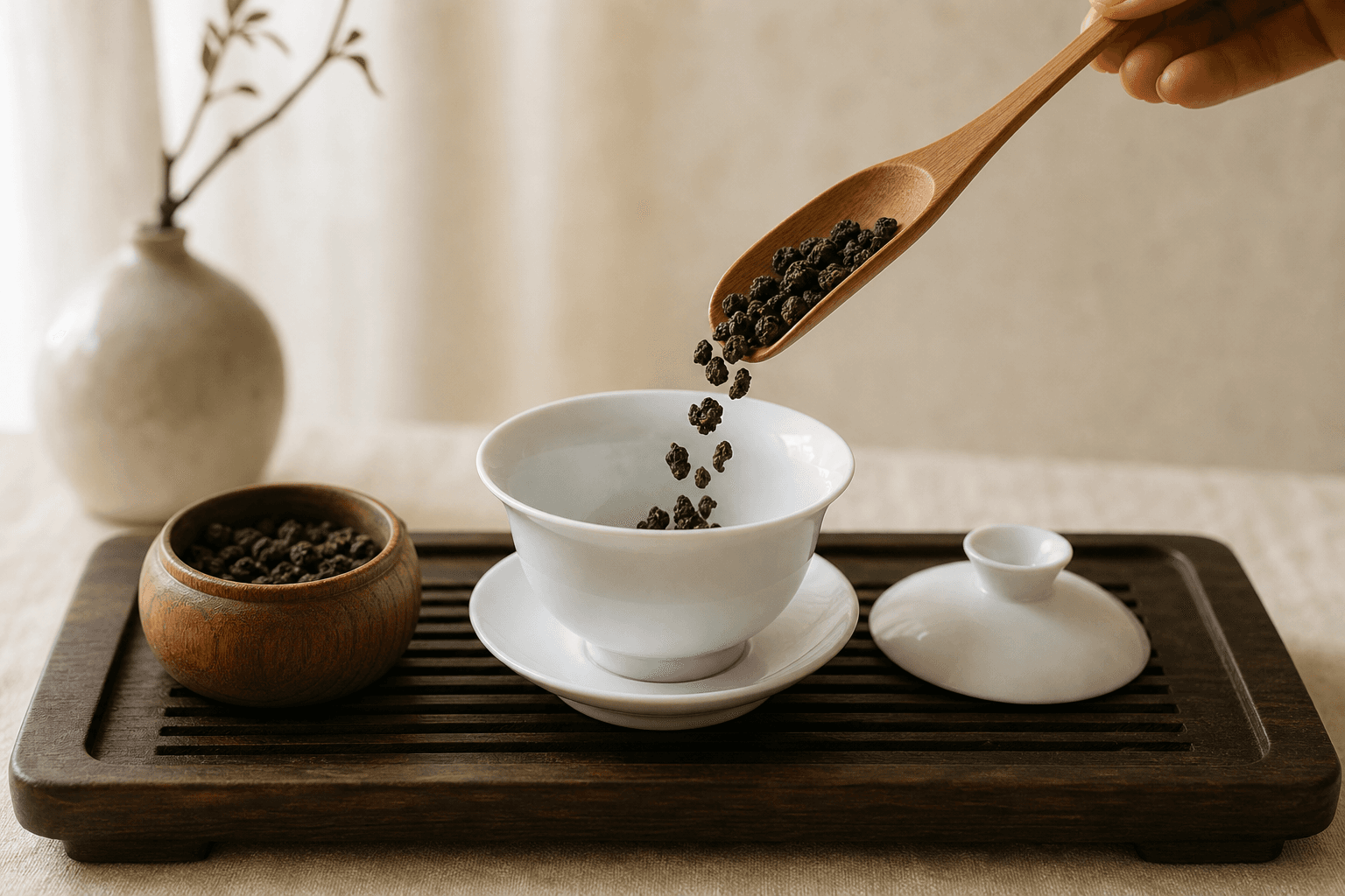 Dry rolled oolong tea leaves being spooned from a bamboo scoop into a white porcelain gaiwan