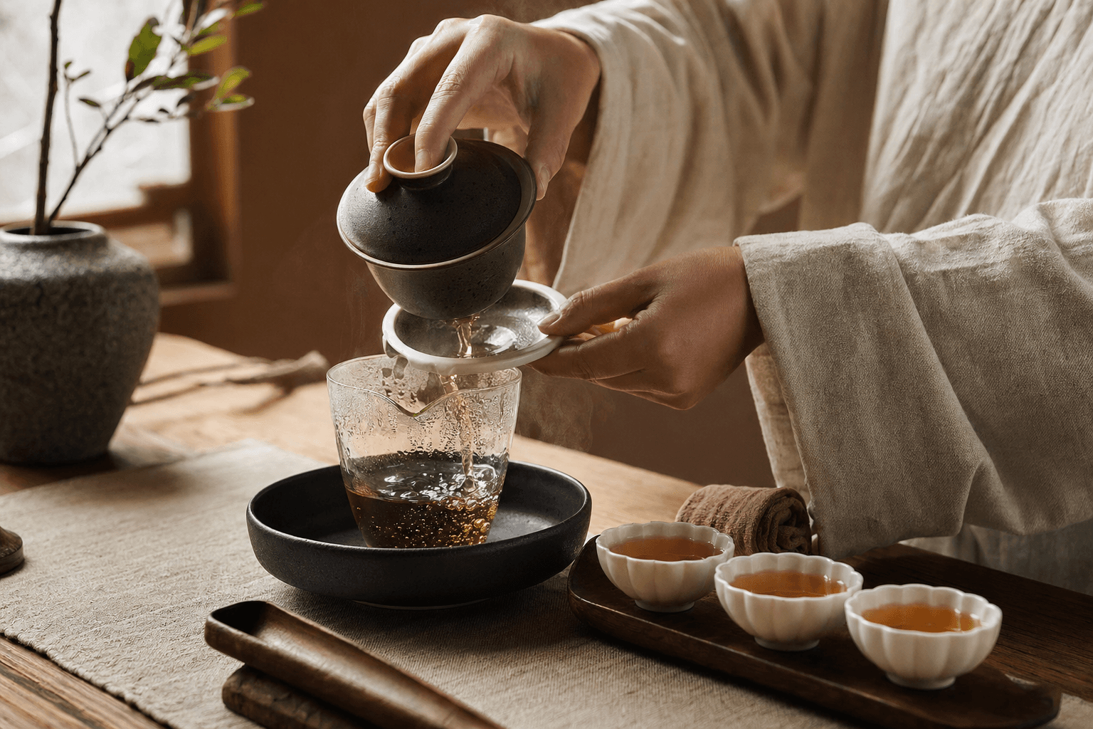 Tea master performing a gongfu tea ceremony in warm natural light