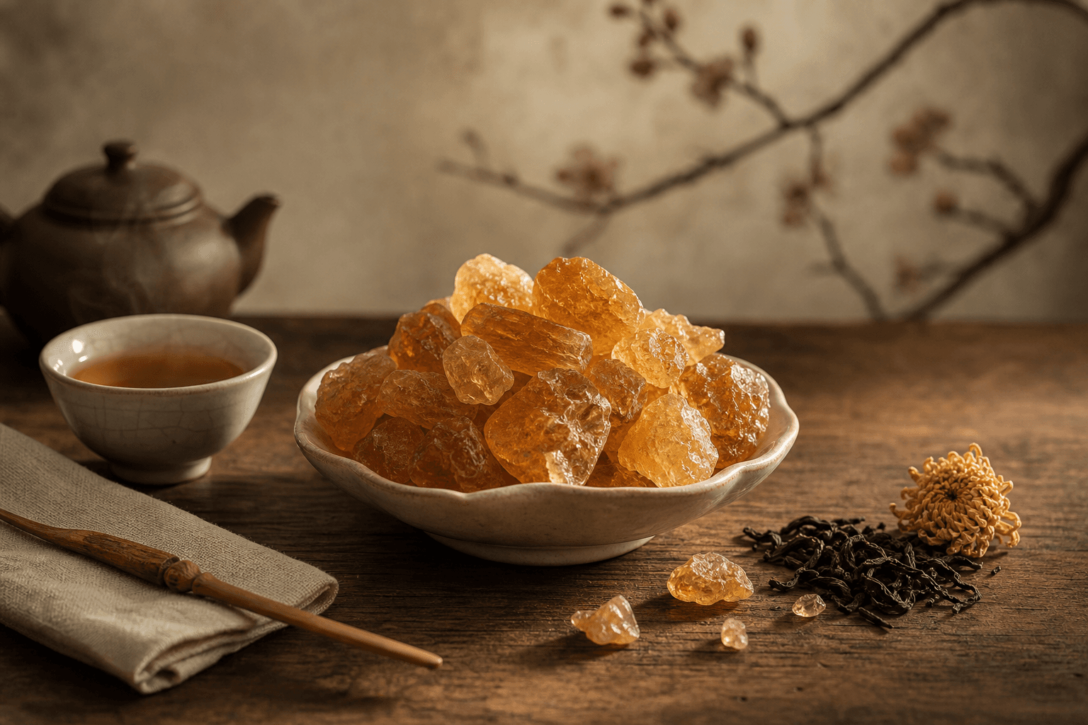 Amber chunks of traditional Chinese rock sugar in a porcelain dish beside a small teacup of pu-erh