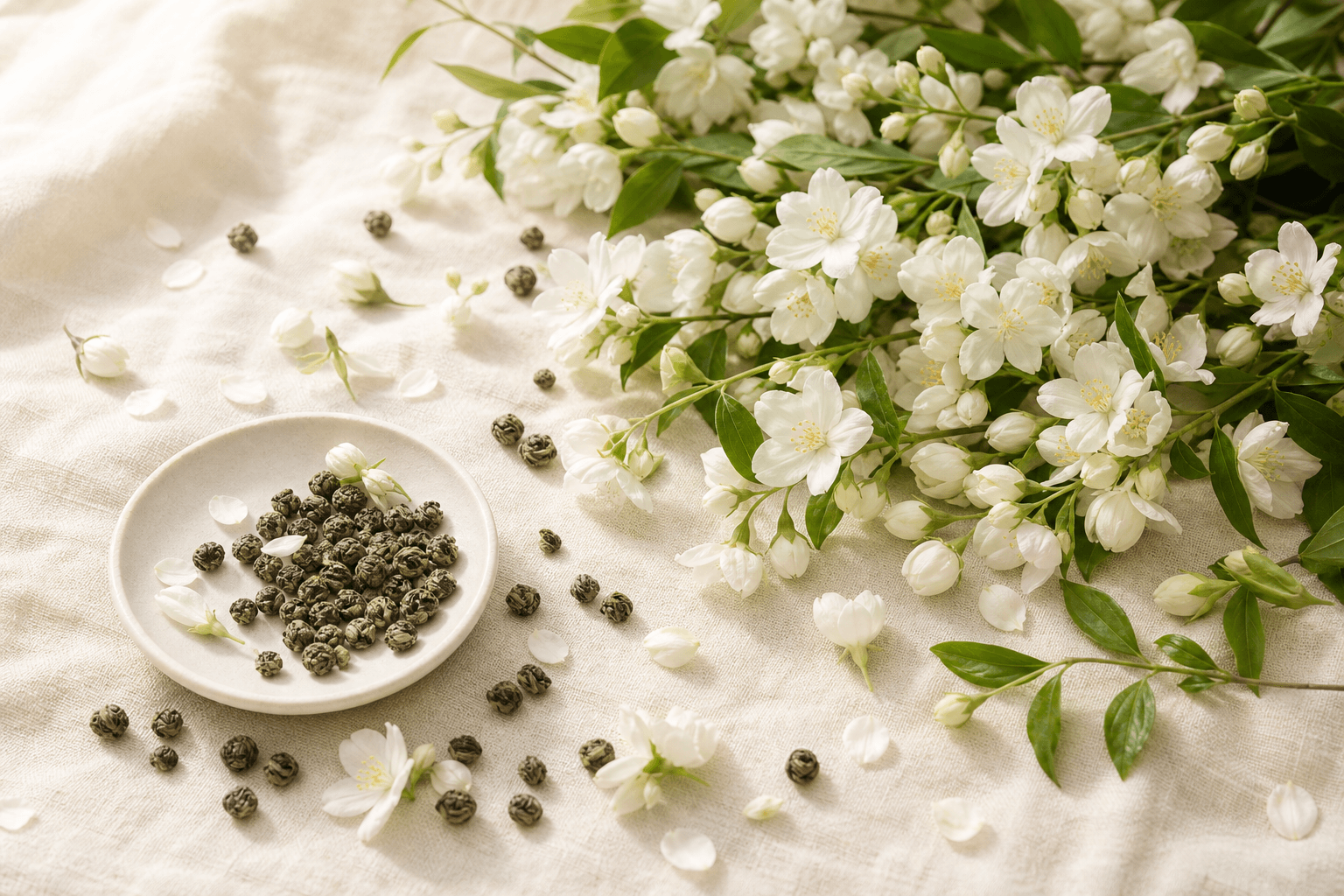 Abundance of fresh white jasmine blossoms with hand-rolled green tea pearls scattered on cream linen, luminous and bright