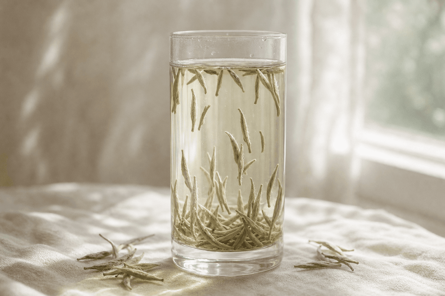 A tall clear glass tumbler with pale champagne-yellow liquor and silvery buds suspended and settling inside, soft daylight