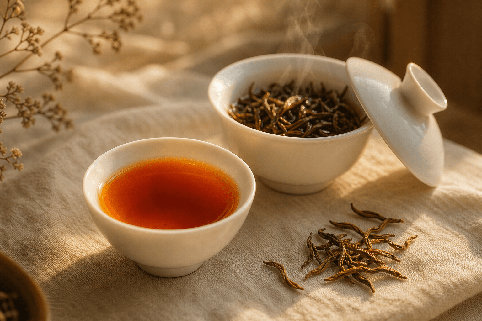 A small white porcelain cup of deep amber Jin Jun Mei liquor, with the open gaiwan beside showing dark wet leaves
