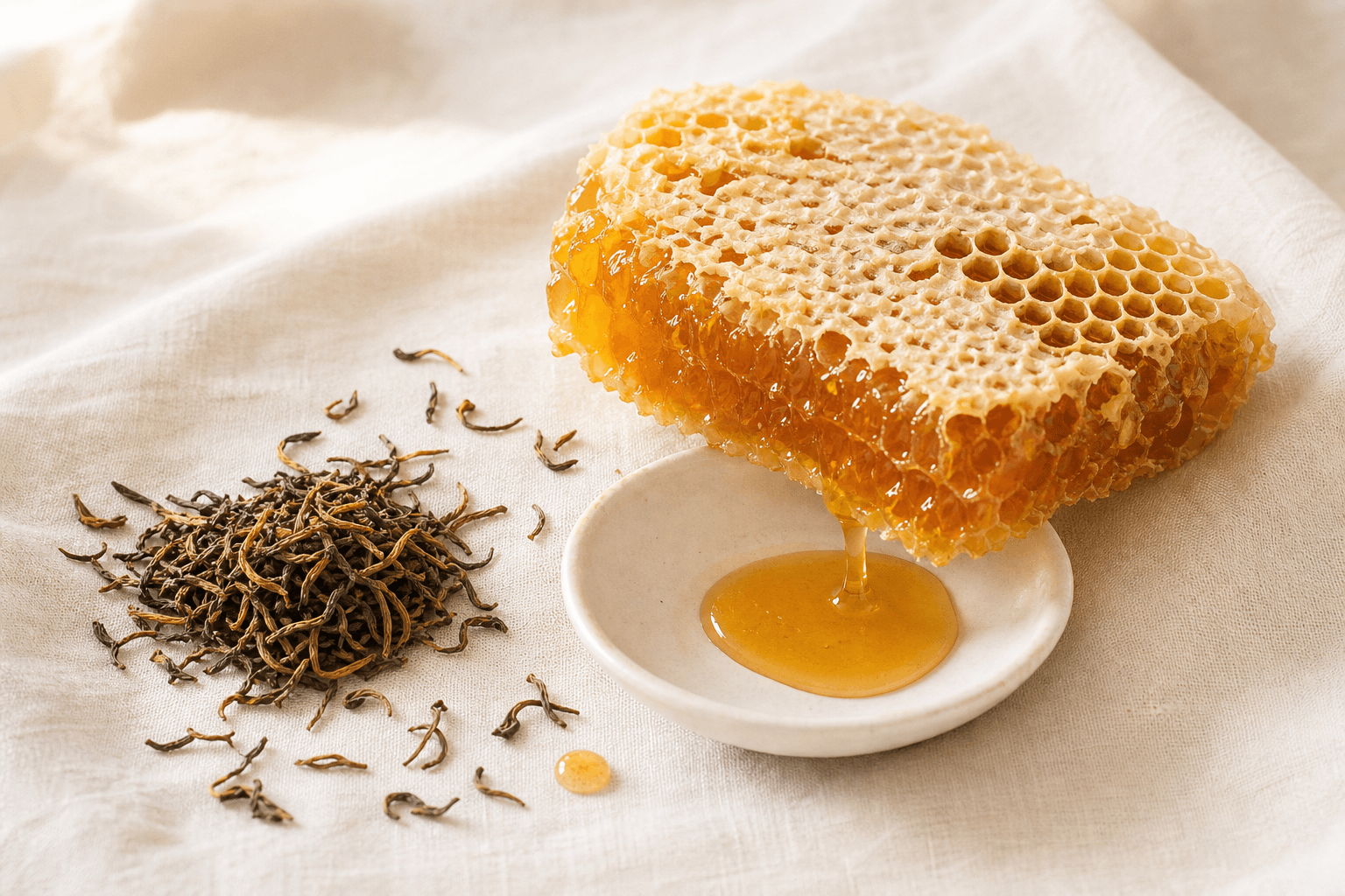 Bright honeycomb dripping with golden honey beside a small mound of dry Jin Jun Mei tea buds on cream linen