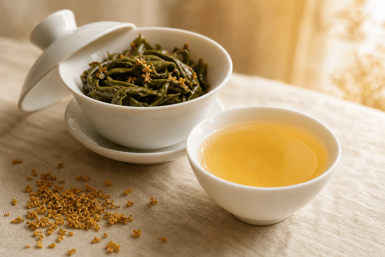Pale gold liquor in a small white porcelain cup beside an open gaiwan showing unfurled bright green tieguanyin leaves with osmanthus blossoms