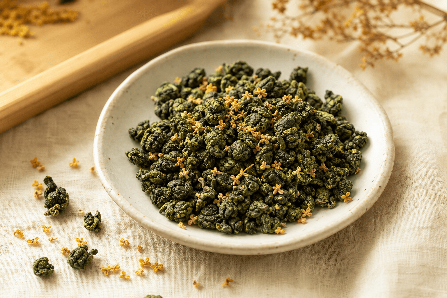 Loose-leaf osmanthus oolong — jade rolled tieguanyin orbs with tiny dried golden osmanthus blossoms scattered through them