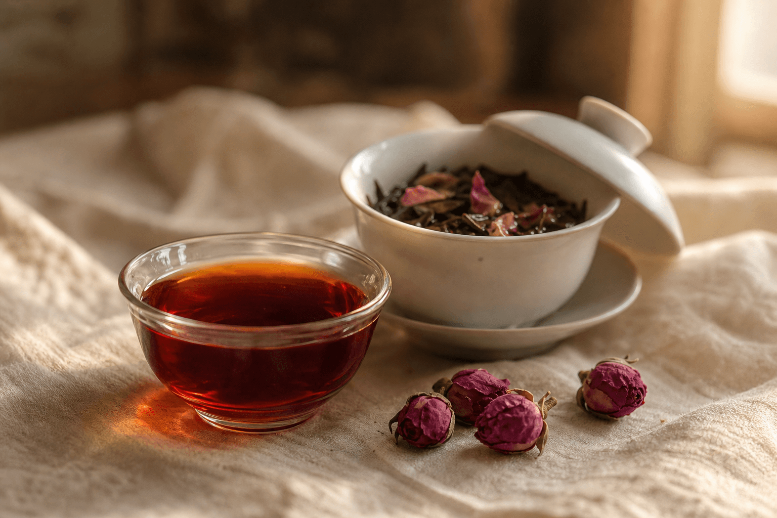 Brewed rose pu-erh in a small glass cup beside an open gaiwan, showing the deep mahogany liquor