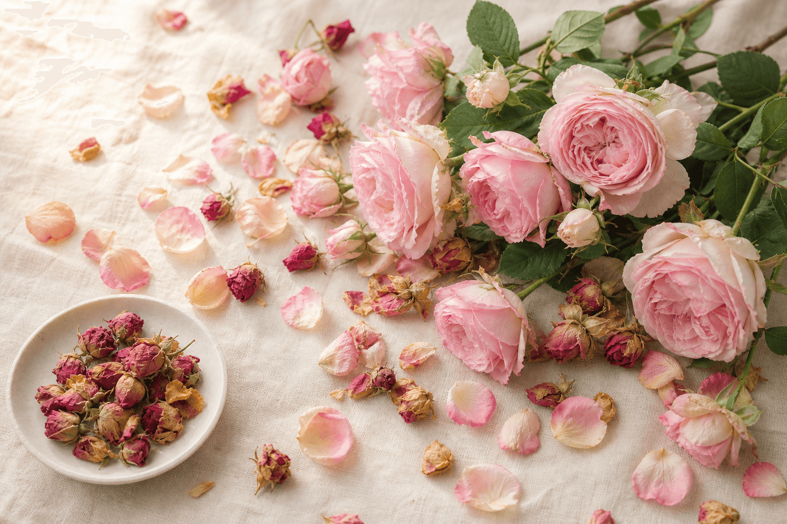 An abundance of fresh Pingyin rose blooms and dried rose buds arranged on cream linen
