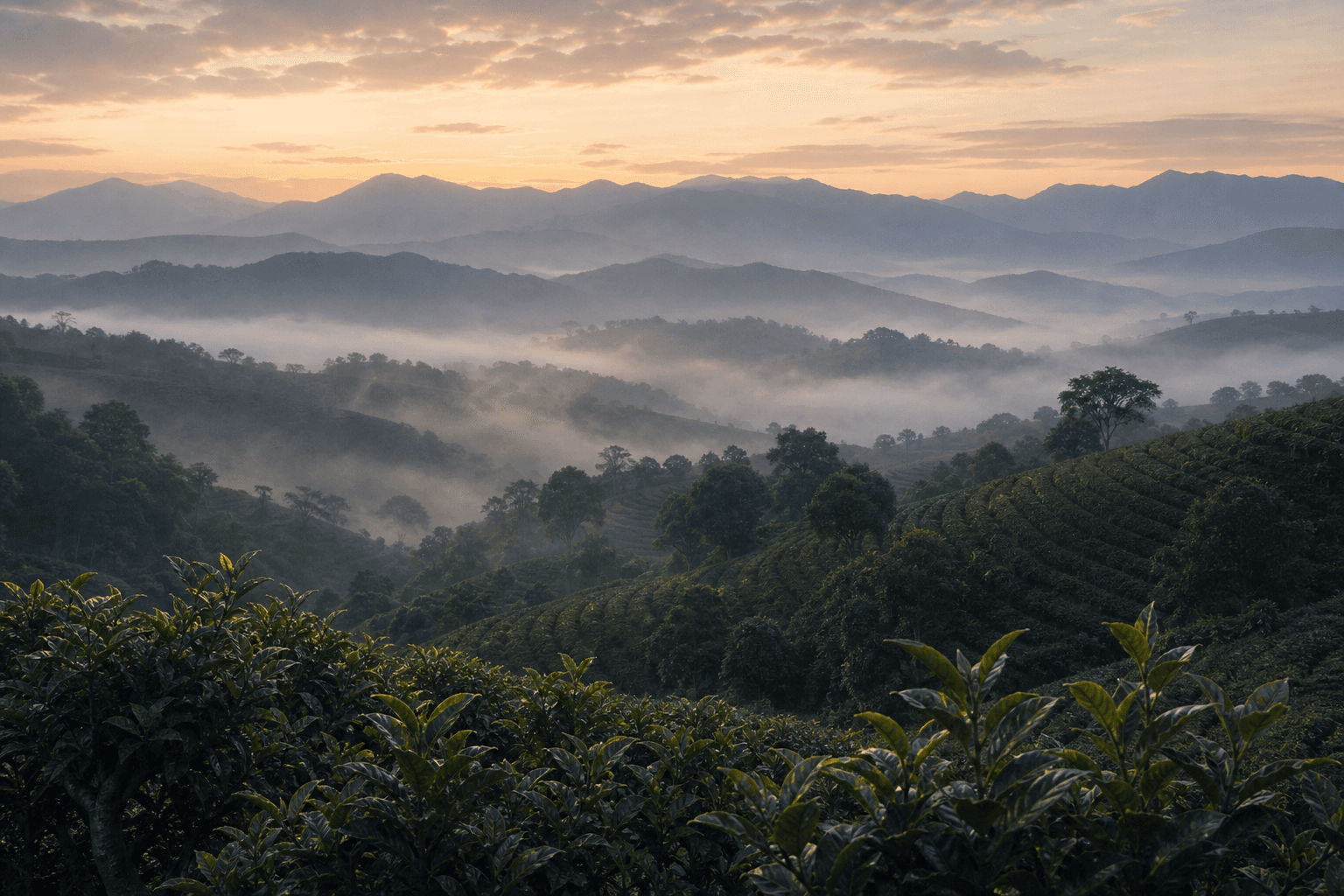 Old-growth tea trees in the misty hills of Yunnan at dawn
