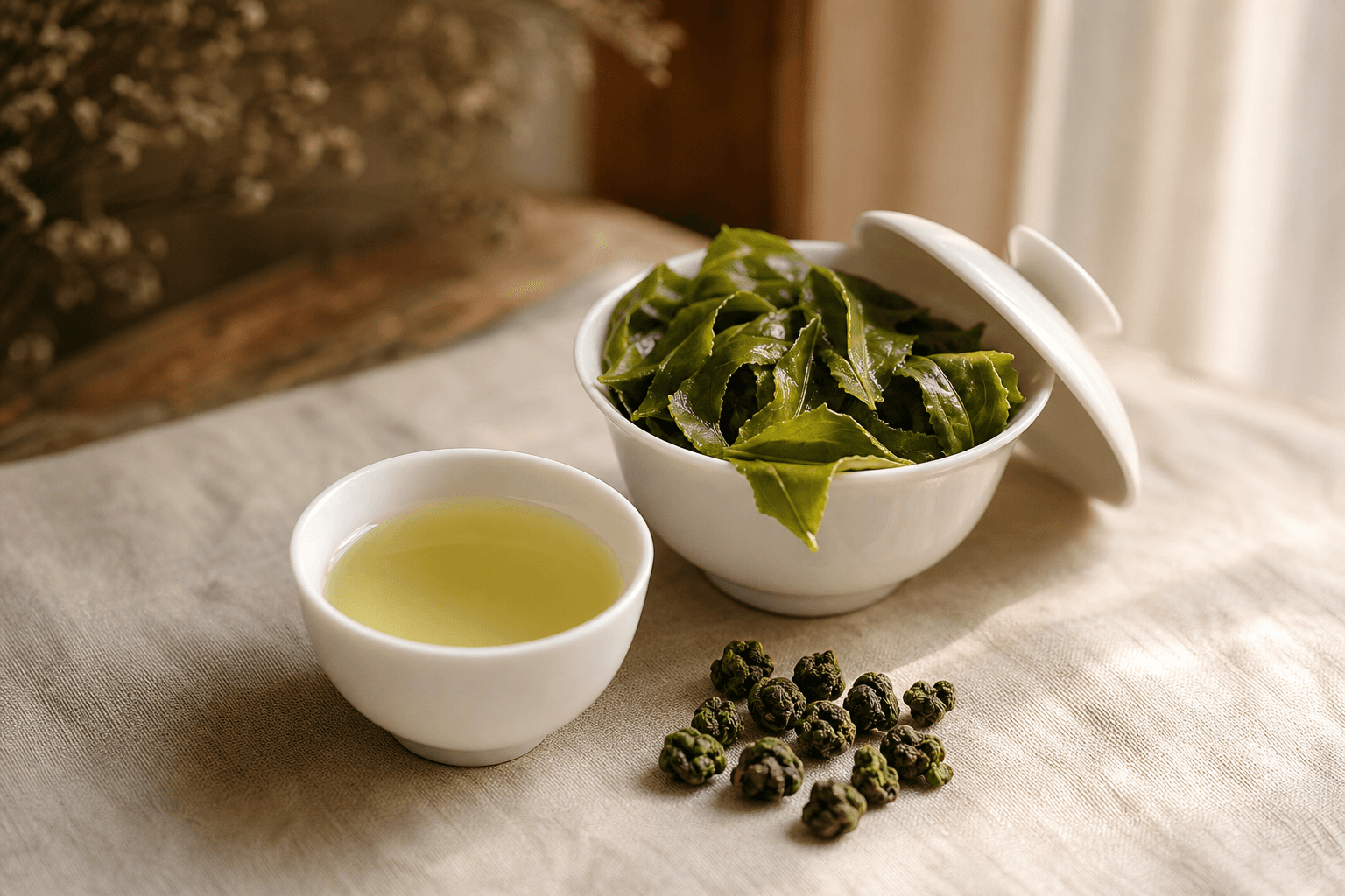 Pale jade-yellow Tieguanyin liquor in a small white porcelain cup beside an open gaiwan showing large unfurled bright-green leaves